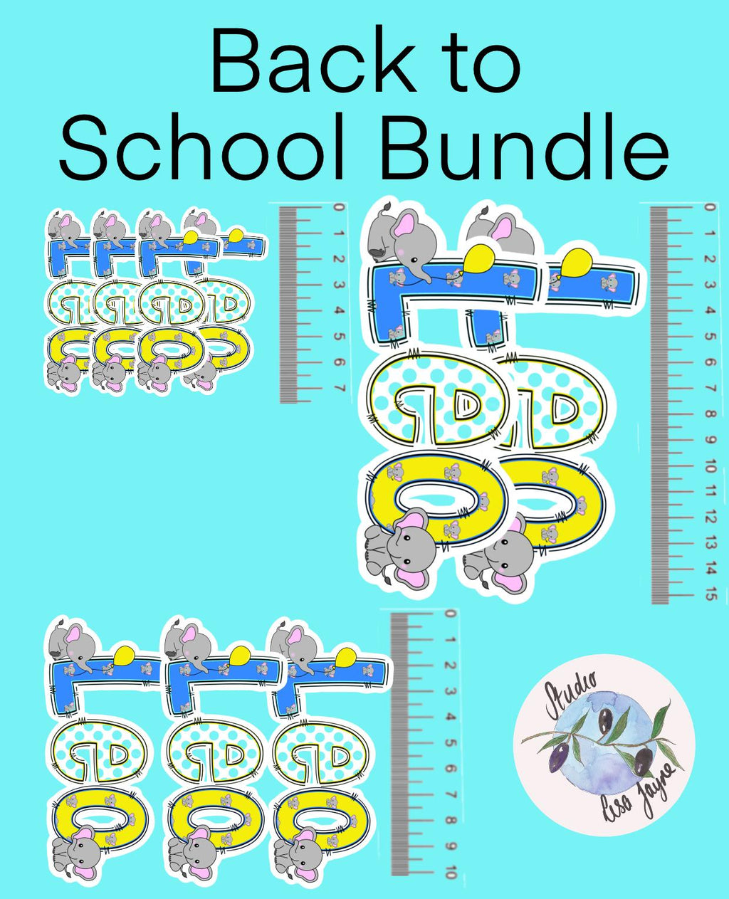 Elephants Name Sticker Label Kids - a ruler and stickers of numbers and letters