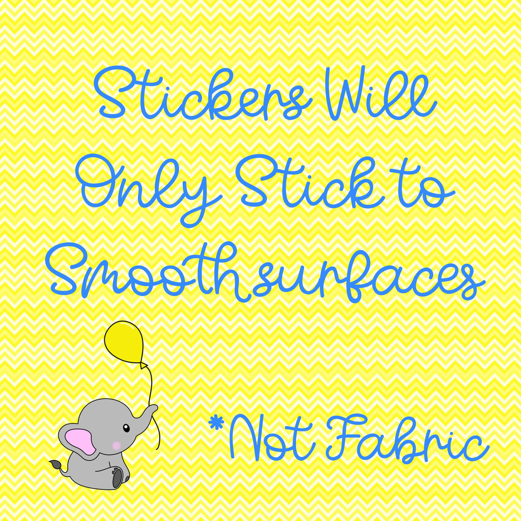 Elephants Name Sticker Label Kids - a yellow and blue chevron background with a baby elephant holding a balloon