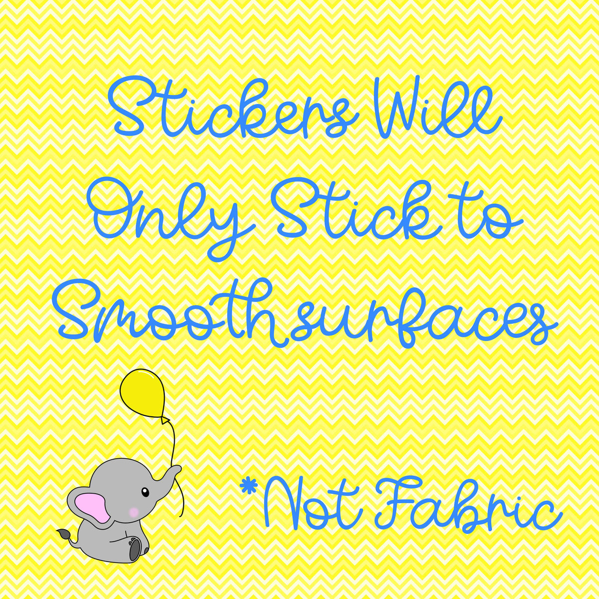 Elephants Name Sticker Label Kids - a yellow and blue chevron background with a baby elephant holding a balloon