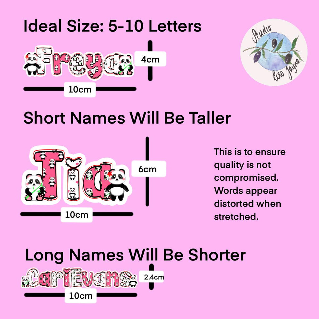 Panda Name Sticker Label Kids - a pink background with text and pictures