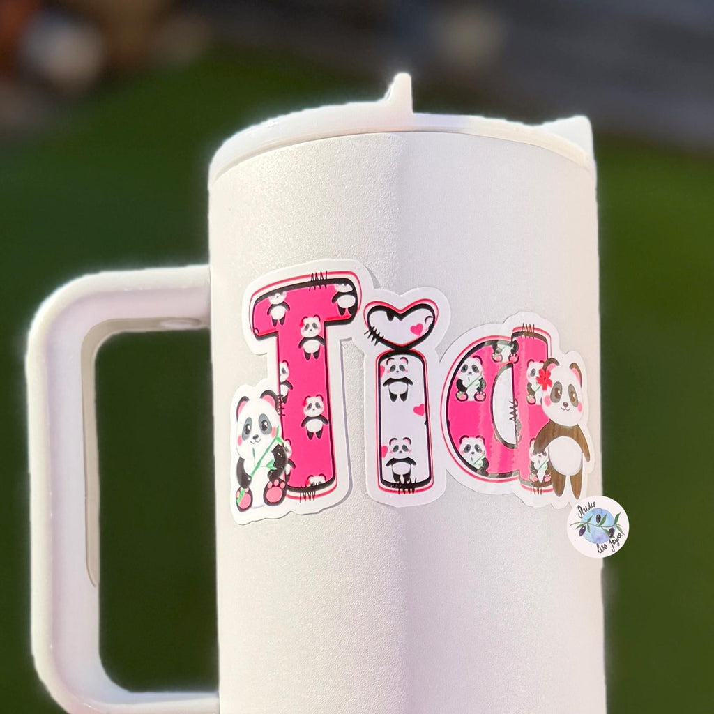 Panda Name Sticker Label Kids - a white water drink bottle with a handle and a Tia Panda custom name sticker on it