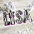 Zebra Print Name Sticker Label Kids - a close up of a Lisa purple zebra sticker