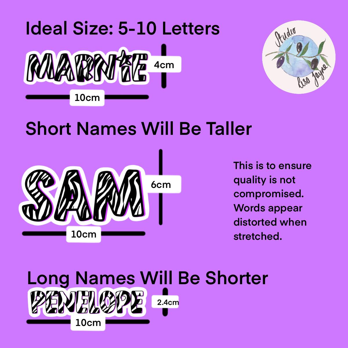 Zebra Print Name Sticker Label Kids - a purple background with text and images