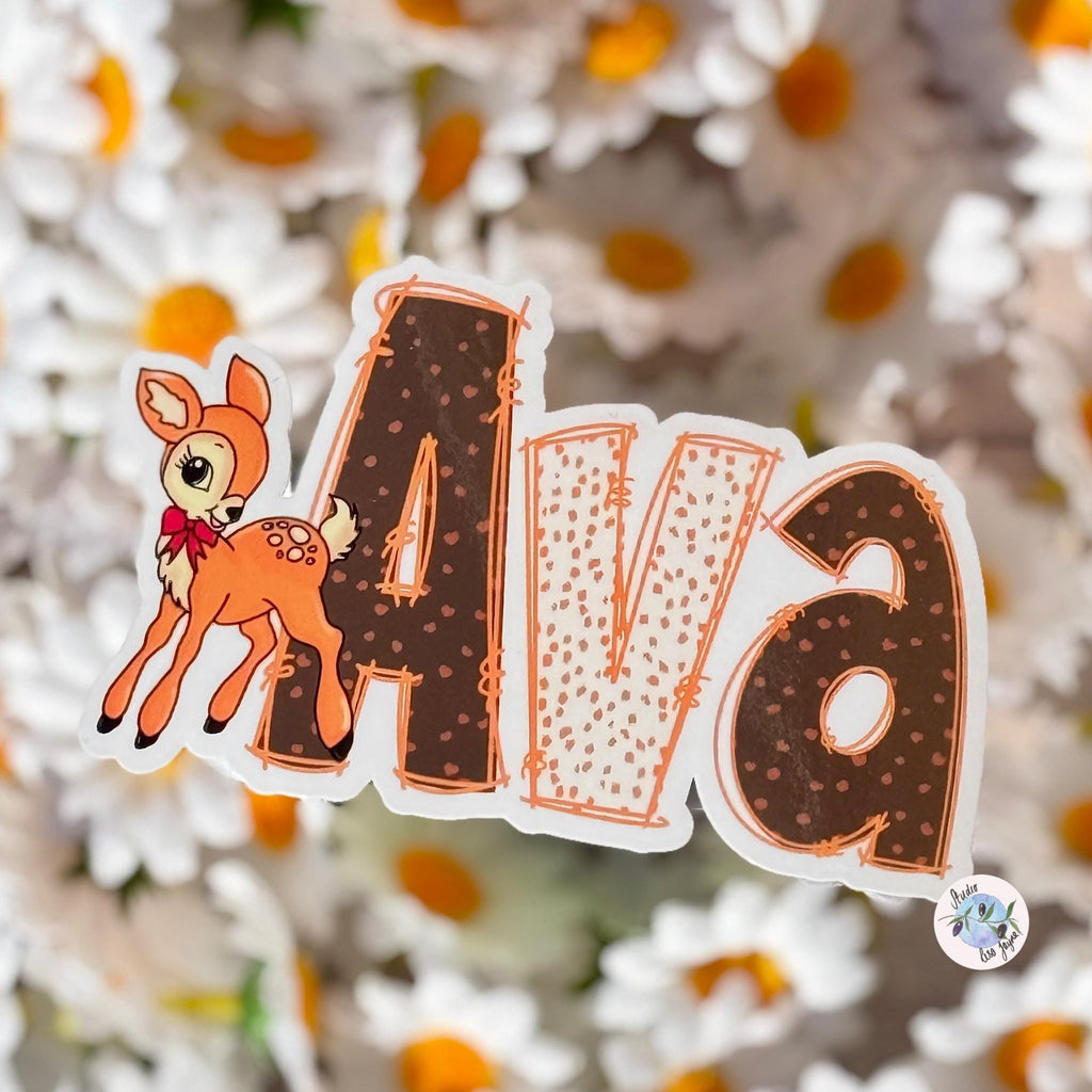 Deer Print Name Sticker Label Kids - a sticker with a deer and a flower