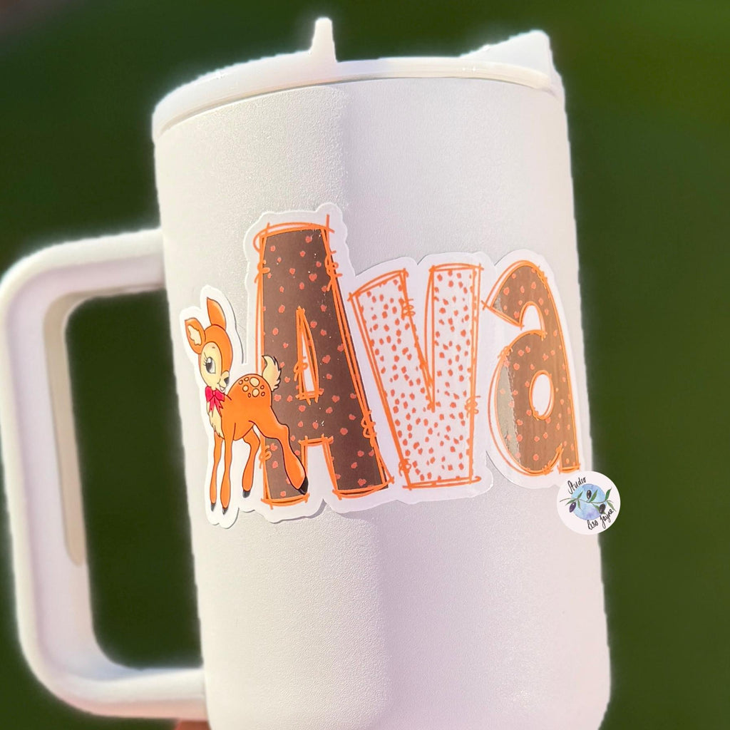 Deer Print Name Sticker Label Kids - a white mug with a sticker on it