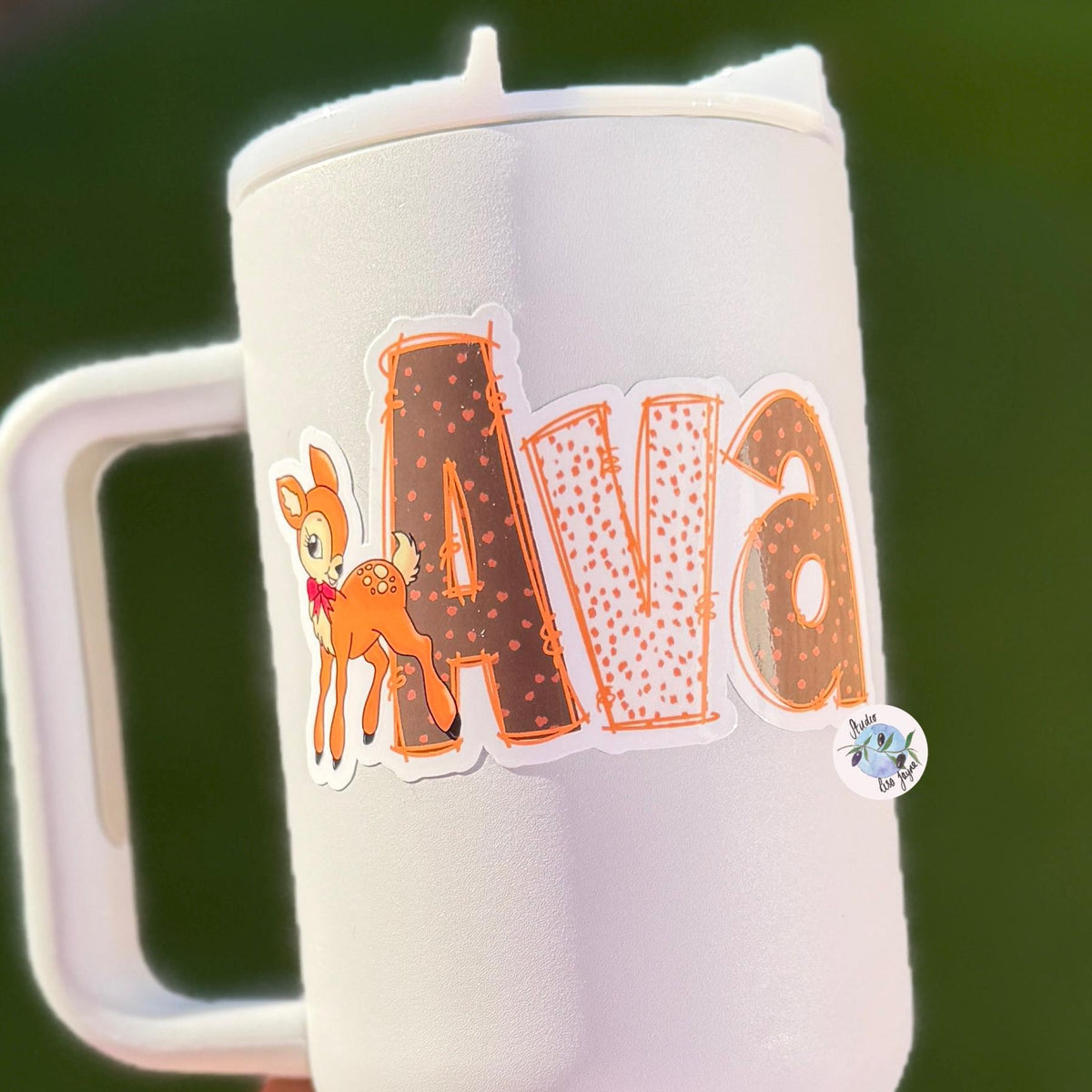 Deer Print Name Sticker Label Kids - a white mug with a sticker on it