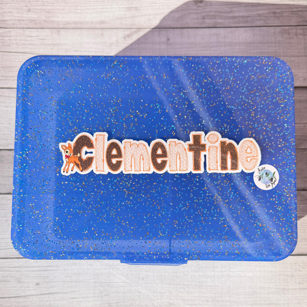 Deer Print Name Sticker Label Kids - a blue lunch box with a lid