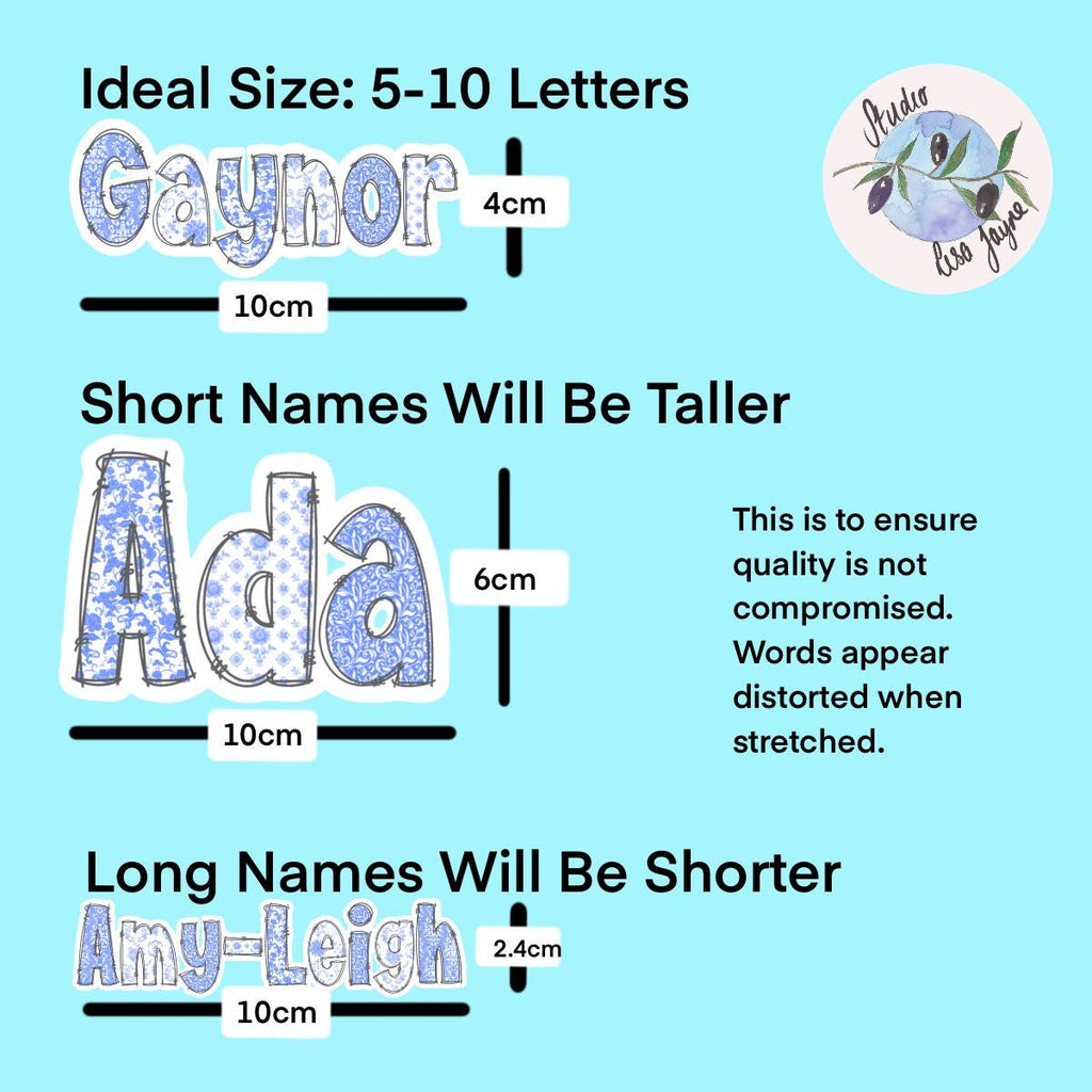 Floral Blue and White Name Sticker Label Kids - a blue and white sticker with text