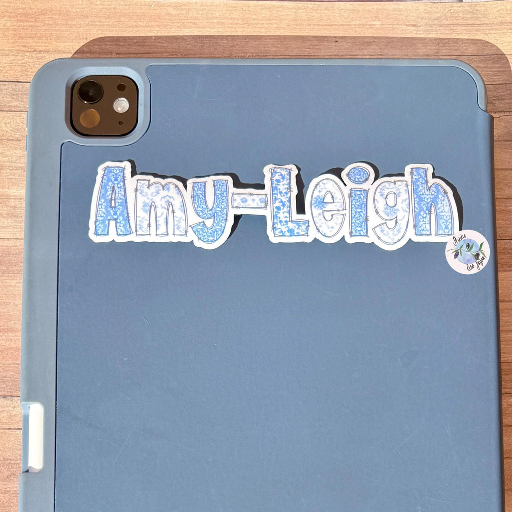 Floral Blue and White Name Sticker Label Kids - a blue iPad case with a name sticker on it
