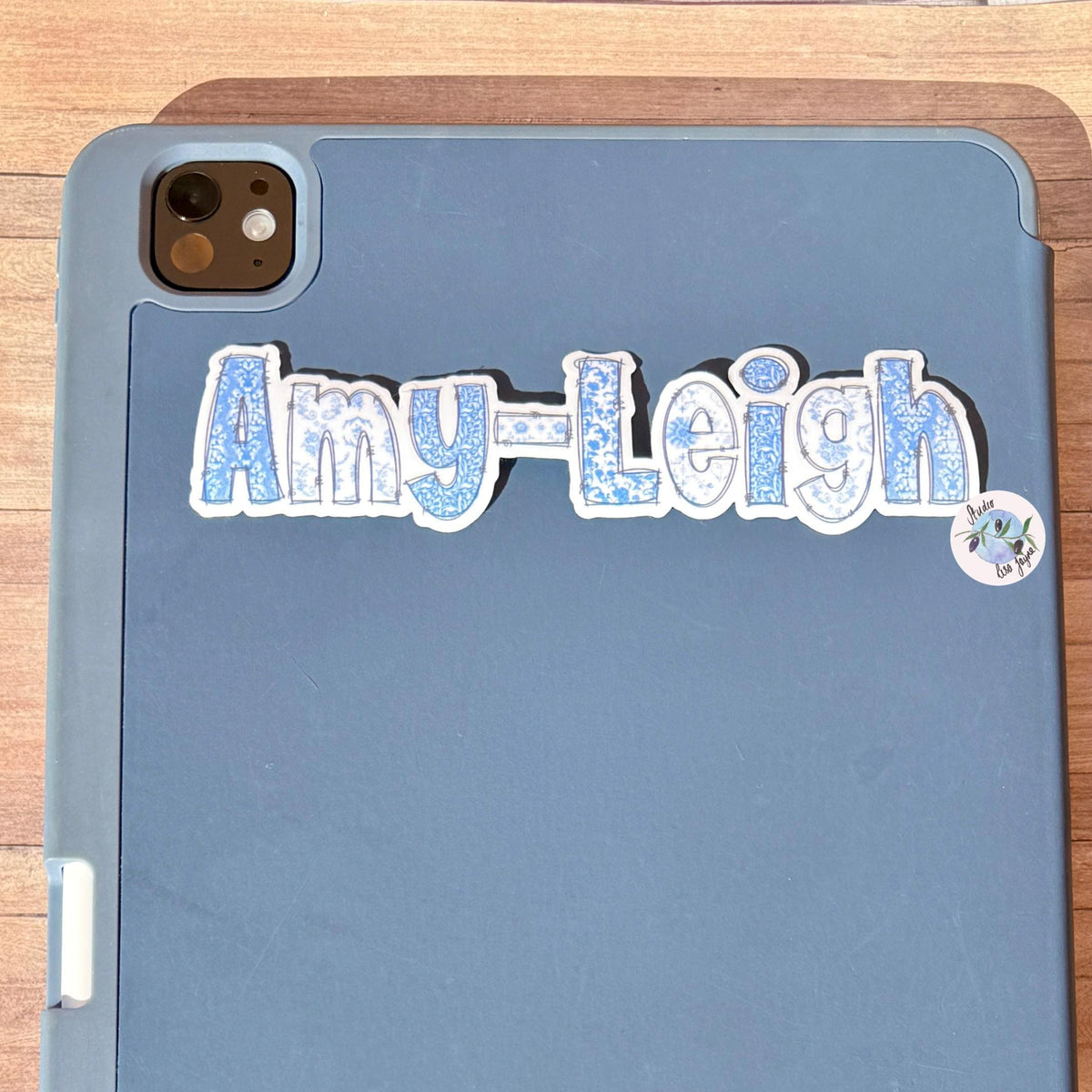 Floral Blue and White Name Sticker Label Kids - a blue iPad case with a name sticker on it