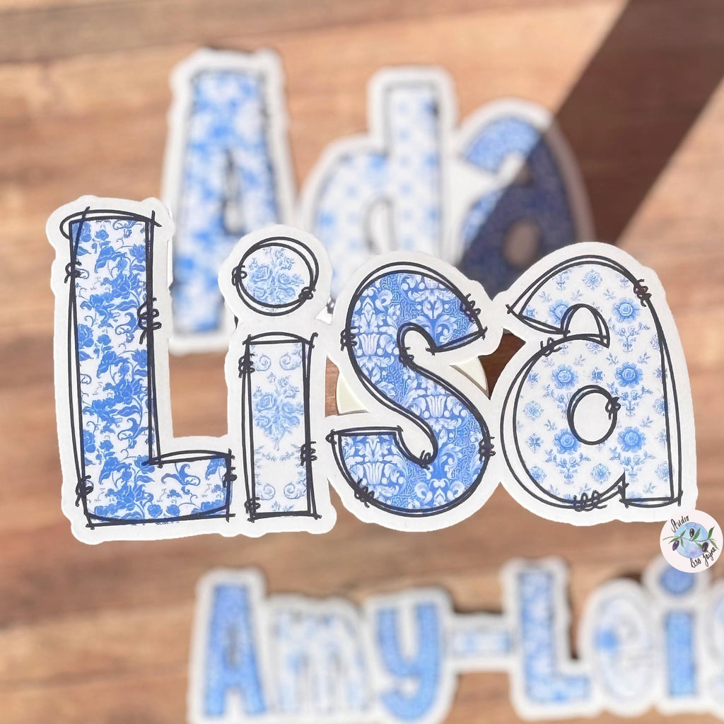 Floral Blue and White Name Sticker Label Kids - a close up of a name