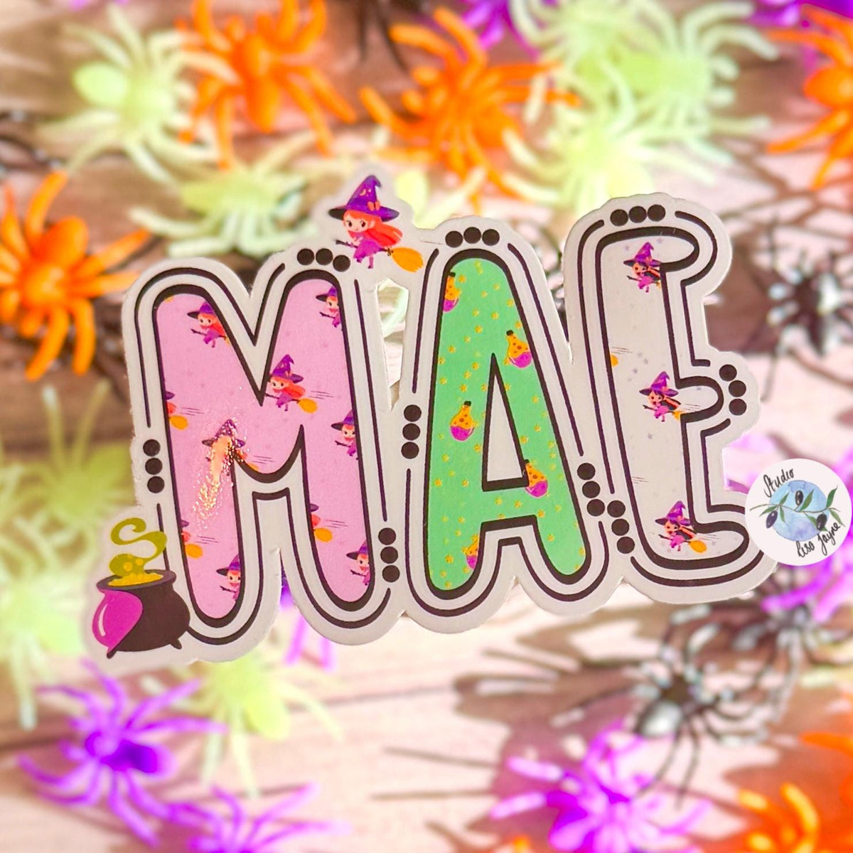 Witches and Potions Halloween Name Sticker Label Kids - a group of colorful spiders