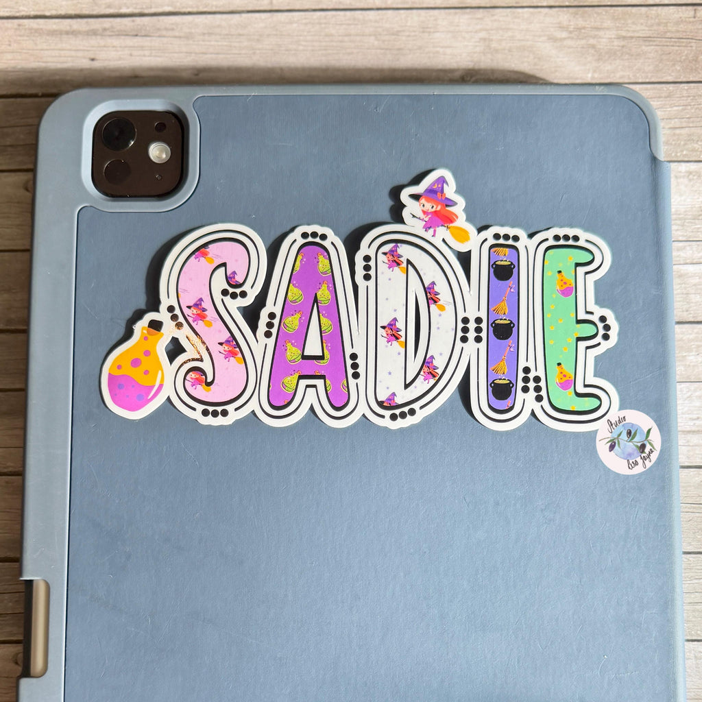 Witches and Potions Halloween Name Sticker Label Kids - a close up of a phone case