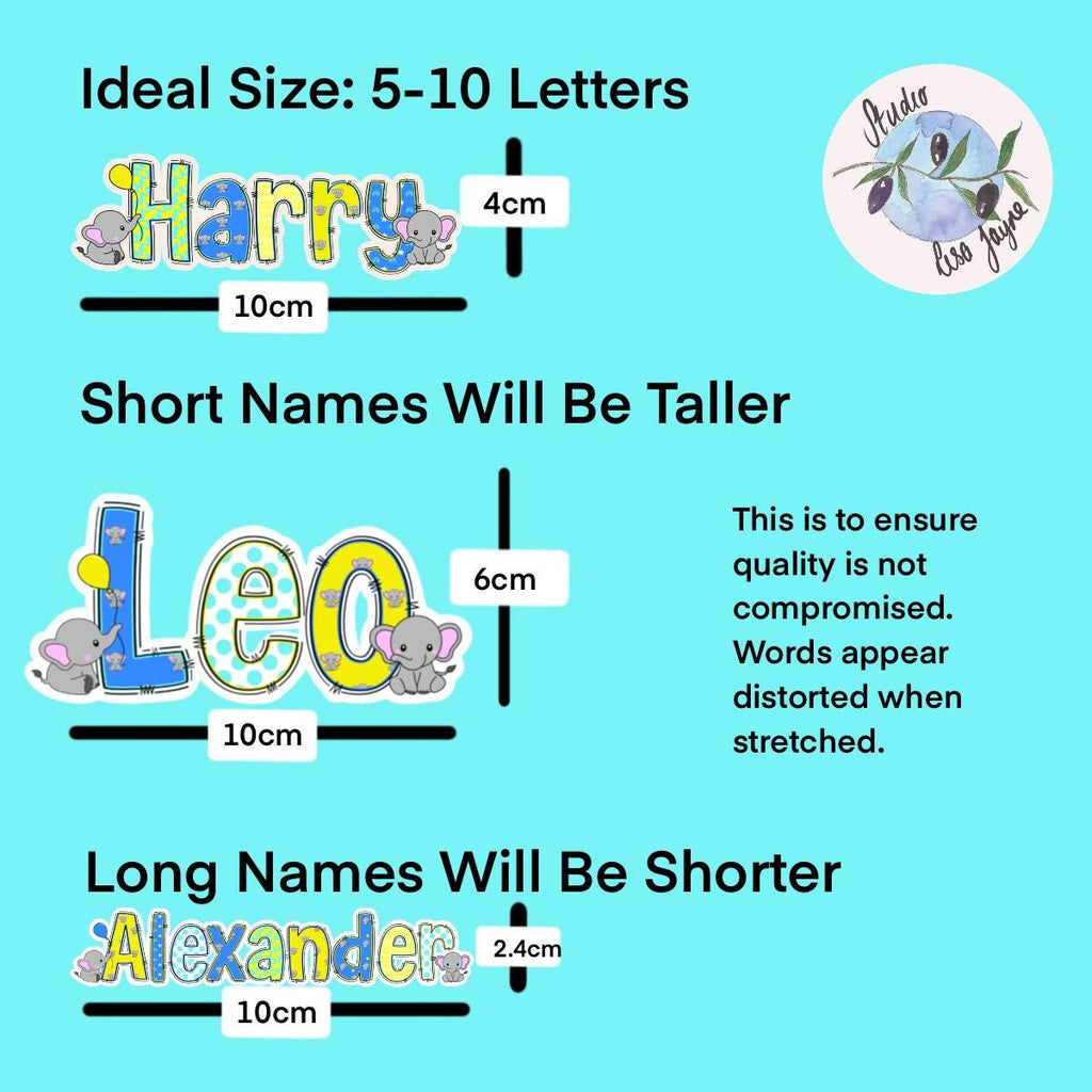 Elephants Name Sticker Label Kids - a blue background with text and pictures