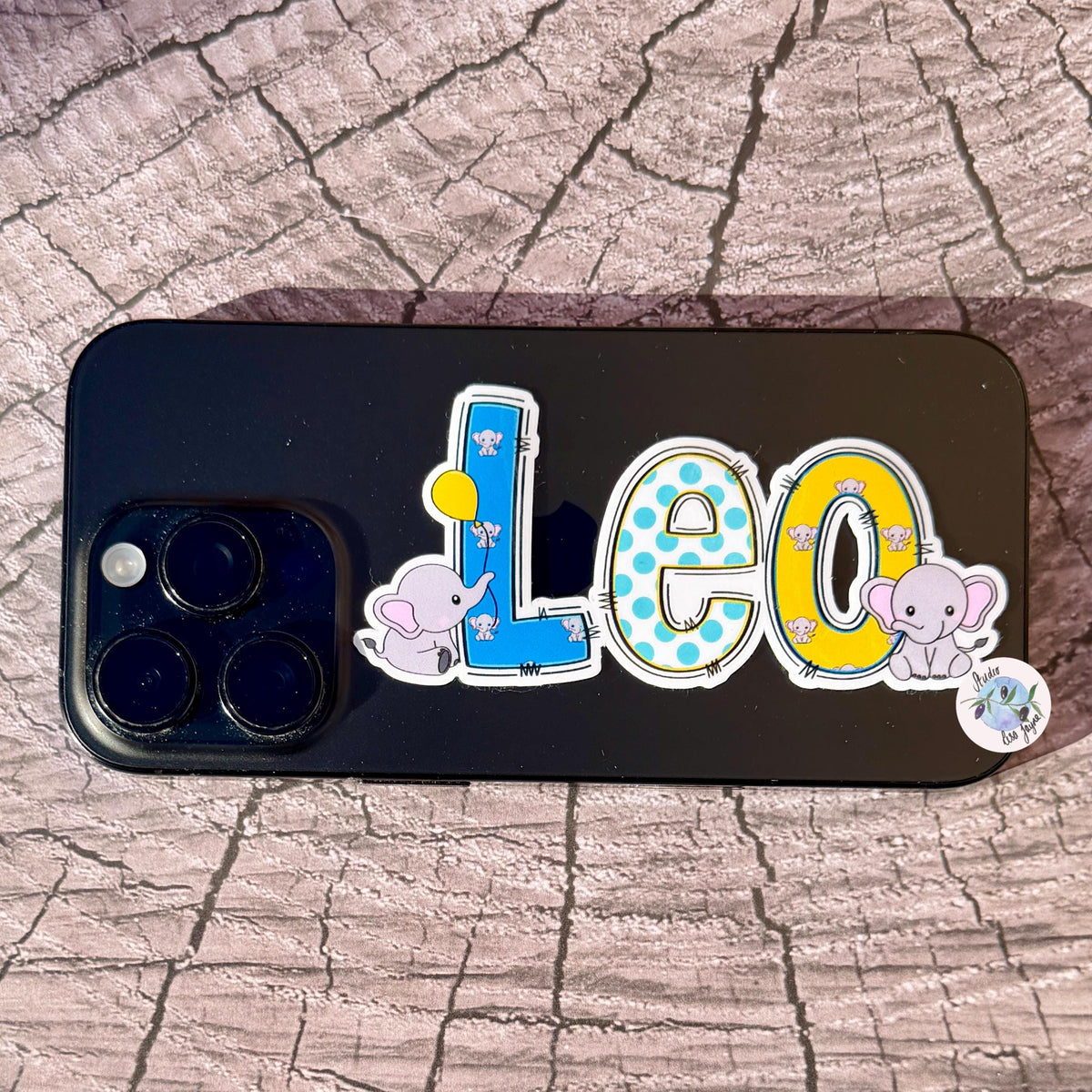 Elephants Name Sticker Label Kids - a phone case with an Elephant themed Leo name sticker on it