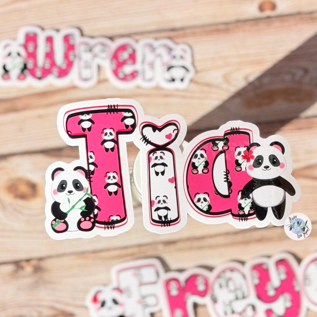 Panda Name Sticker Label Kids - a pink and white sticker with cartoon pandas on it