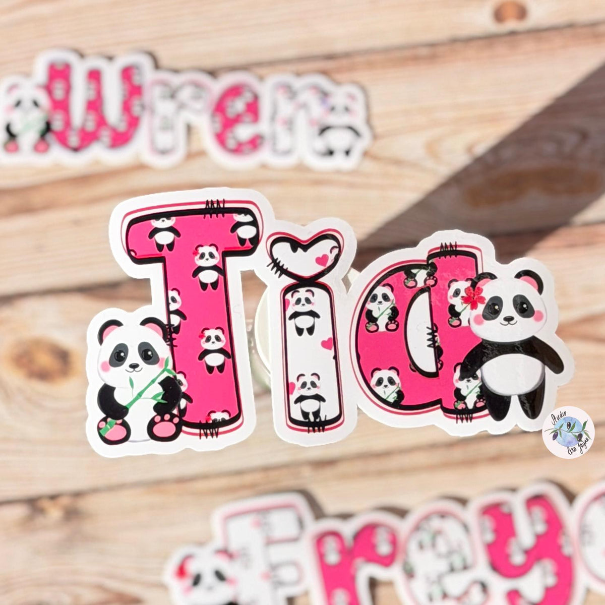 Panda Name Sticker Label Kids - a pink and white sticker with cartoon pandas on it