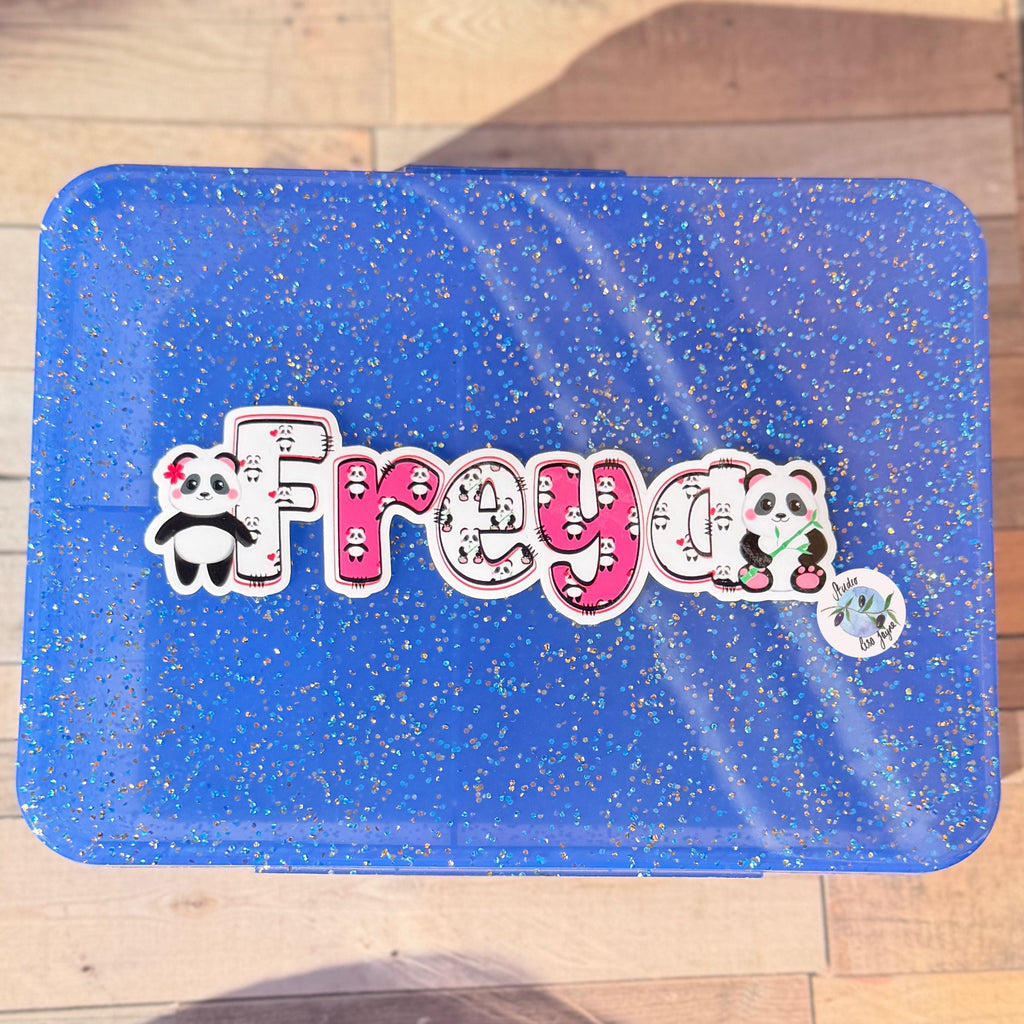Panda Name Sticker Label Kids - a blue lunch box with a Freya name sticker on it