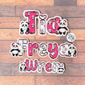 Panda Name Sticker Label Kids - a group of name stickers on a wooden backdrop.  Tia, Freya and Wren