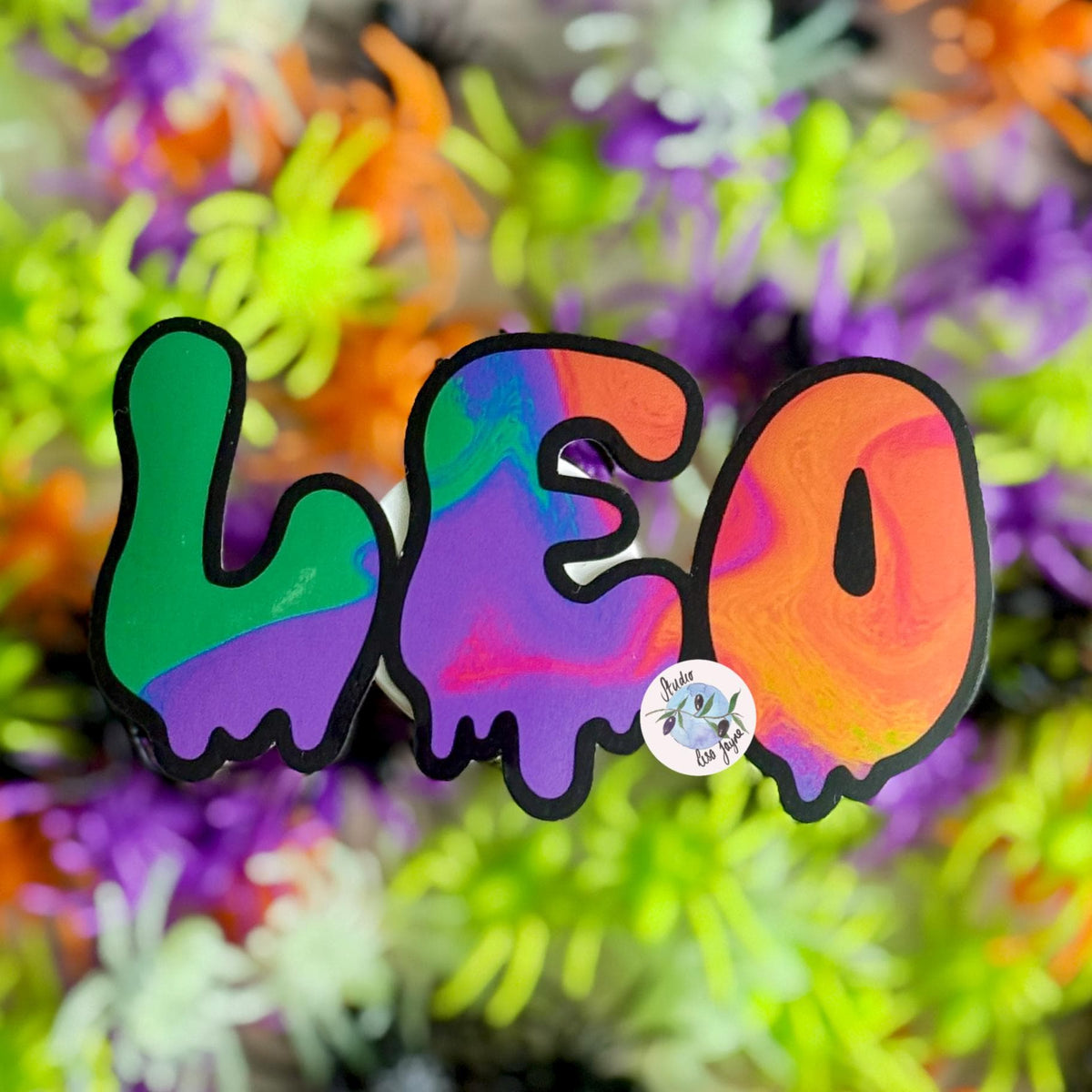 Spooky Drippy Swirly Name Personalised Halloween Waterproof Vinyl Sticker Label - a colorful letters on a table.  Leo