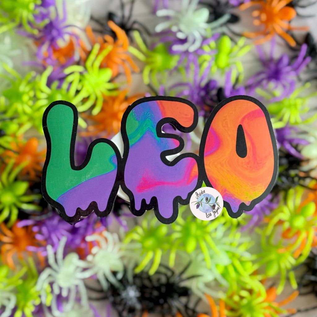 Spooky Drippy Swirly Name Personalised Halloween Waterproof Vinyl Sticker Label - a group of plastic spiders.  Leo name sticker  