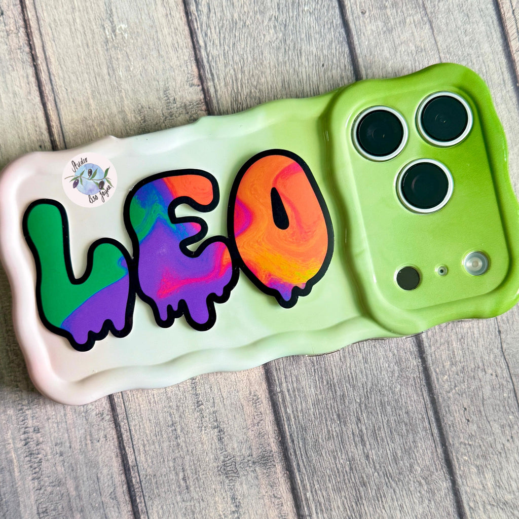 Spooky Drippy Swirly Name Personalised Halloween Waterproof Vinyl Sticker Label - a green and white device with a sticker on it.  Leo name Sticker applied to iPhone case