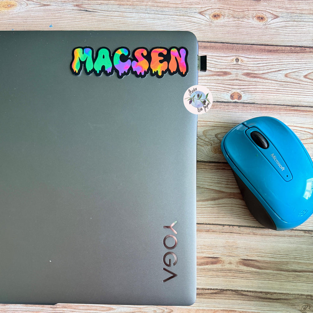 Spooky Drippy Swirly Name Personalised Halloween Waterproof Vinyl Sticker Label - a laptop and a mouse on a wood surface