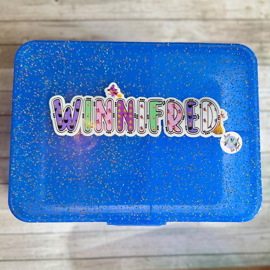 Witches and Potions Halloween Name Sticker Label Kids - a blue plastic container with a sticker on it