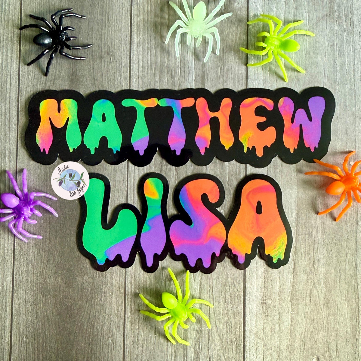 Spooky Drippy Swirly Name Personalised Halloween Waterproof Vinyl Sticker Label - a group of spiders around a sign.  Matthew, Lisa