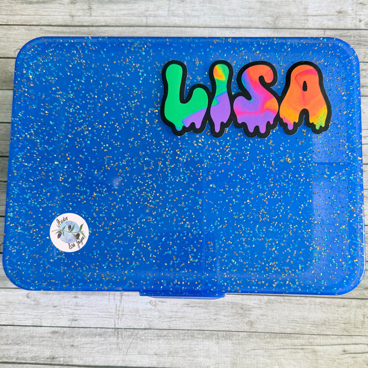 Spooky Drippy Swirly Name Personalised Halloween Waterproof Vinyl Sticker Label - a blue plastic container with a name on it.  Lisa name sticker