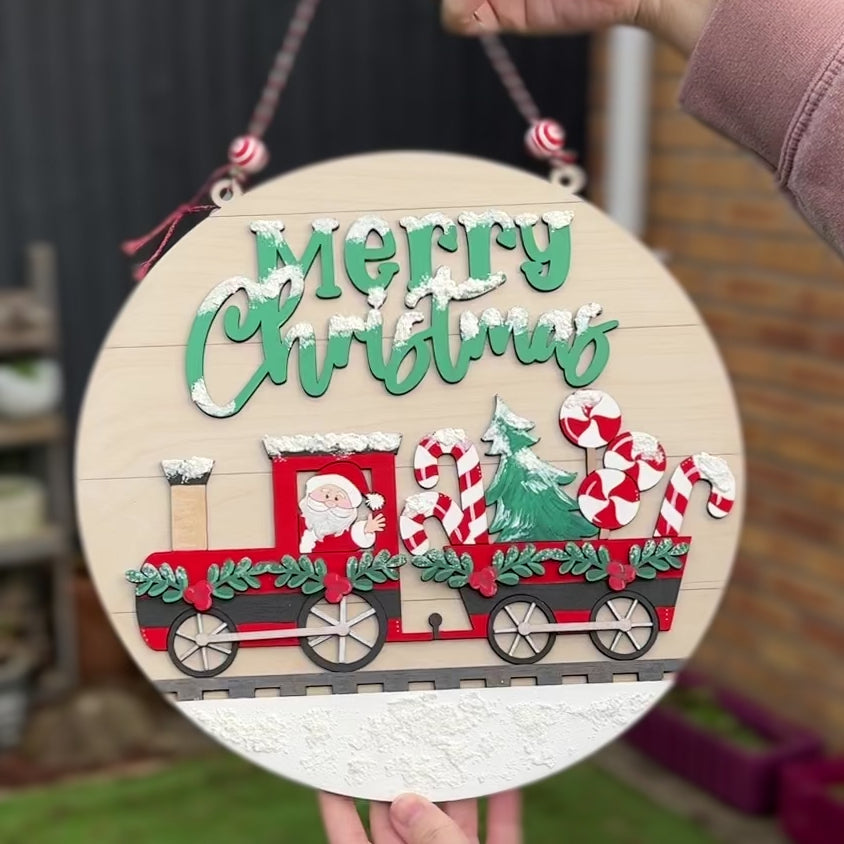Christmas Train 30cm Hanging Wall Sign Handmade and Hand Painted