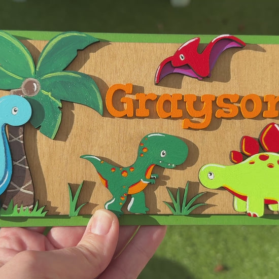 Dinosaur personalised kids name plaque sign plate.  Colourful hand painted children’s bedroom door - 3d effect from all angles