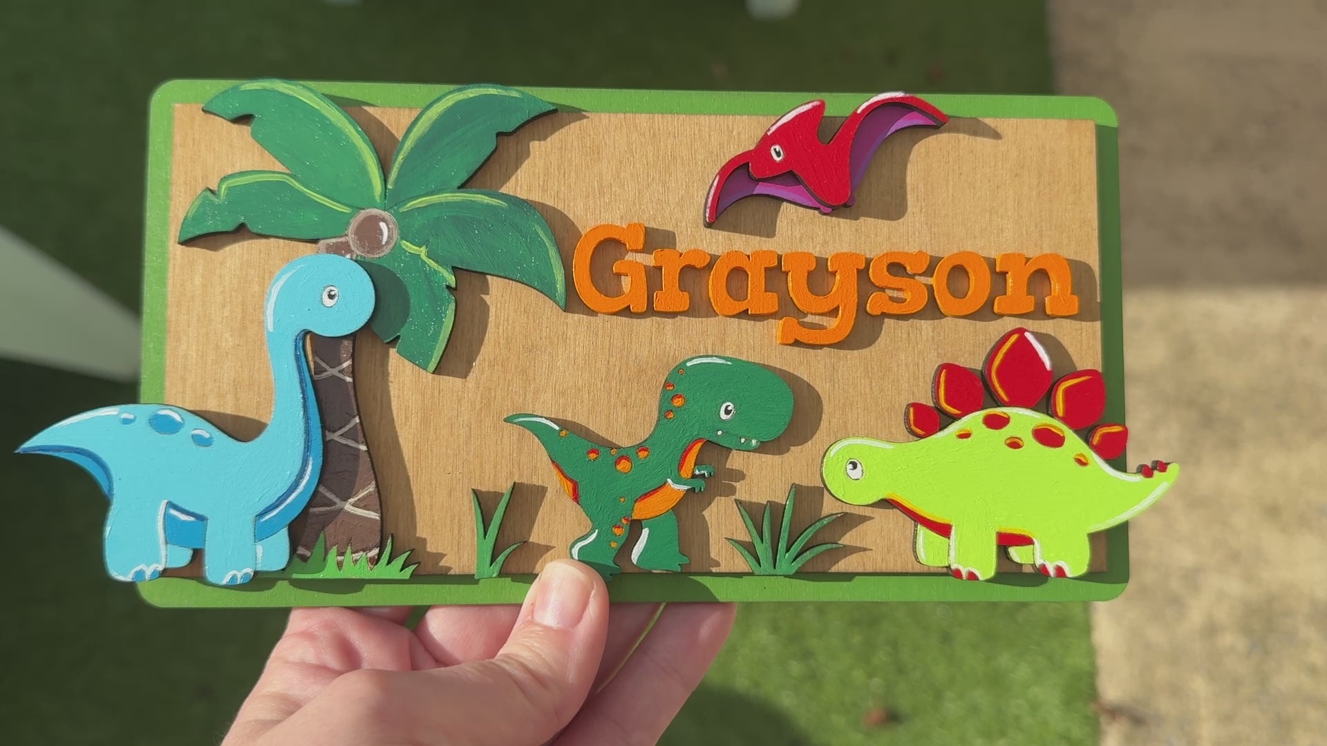 Dinosaur personalised kids name plaque sign plate.  Colourful hand painted children’s bedroom door - 3d effect from all angles