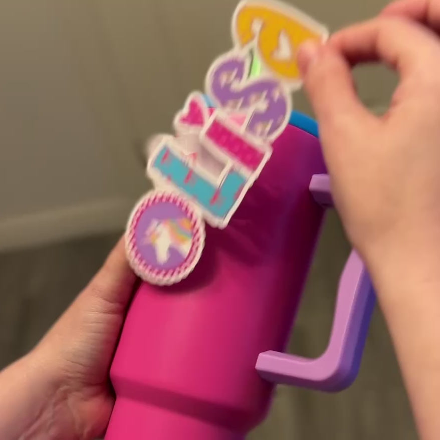 Unicorn Colourful Name Sticker applied to pink drink bottle