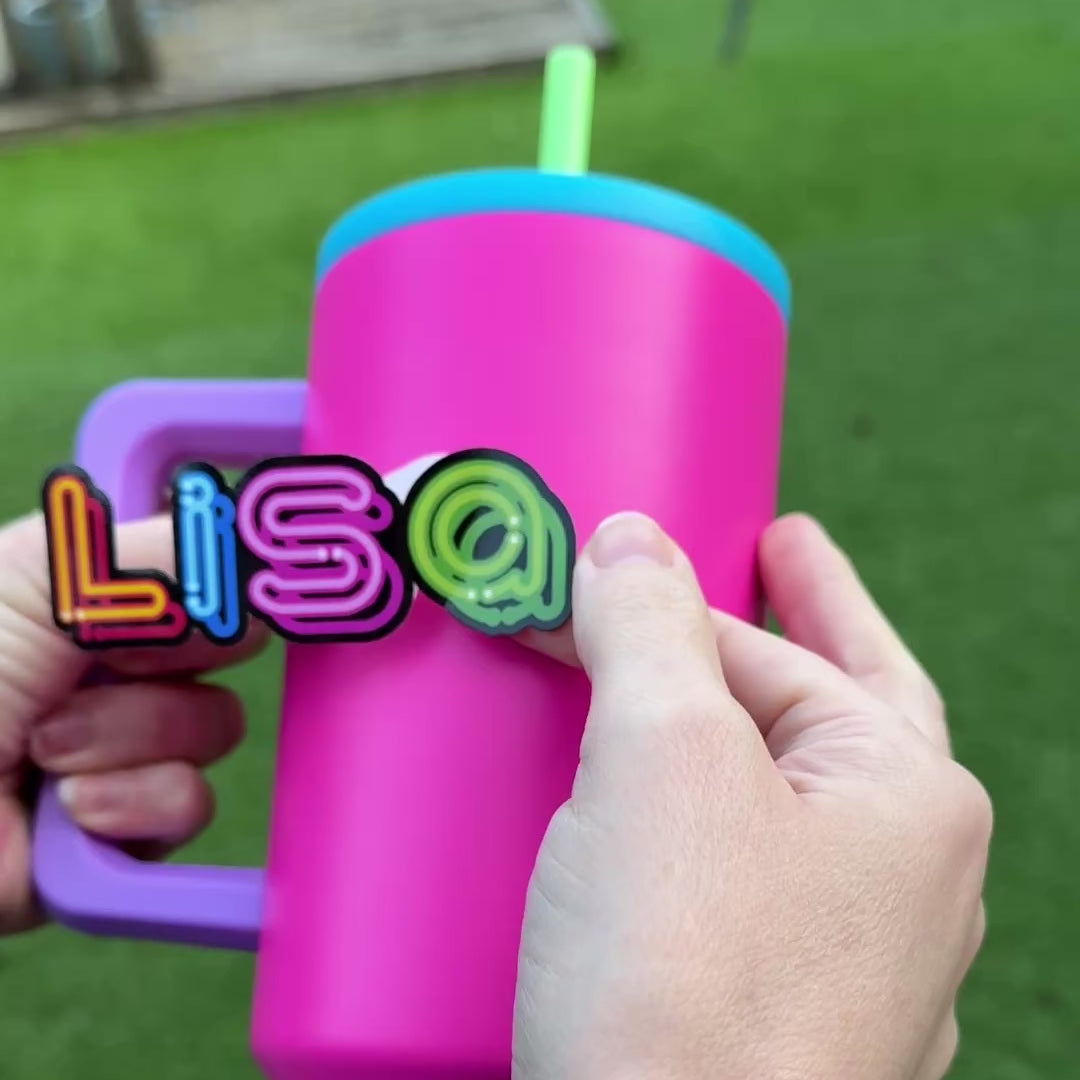Neon Style Personalised Waterproof Vinyl Name Sticker - Orange Pink Green Blue Multicoloured