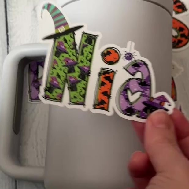 Halloween Cute Spooky Name Sticker applied to drink bottle