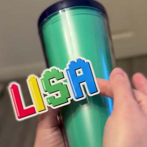 Building Blocks Colourful Name Personalised Sticker applied to water drink bottle