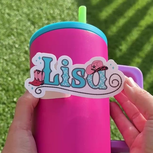 Linedancing Cowgirl Themed Personalised Waterproof Vinyl Name Sticker applied to a pink drink water bottle