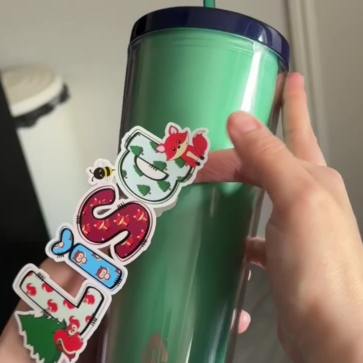 Woodland Animals Name Sticker applied to water drink bottle