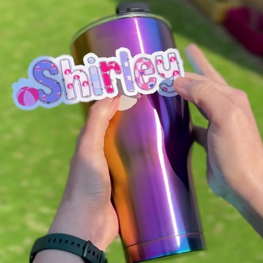 Sewing themed name sticker applied to water drink bottle tumbler
