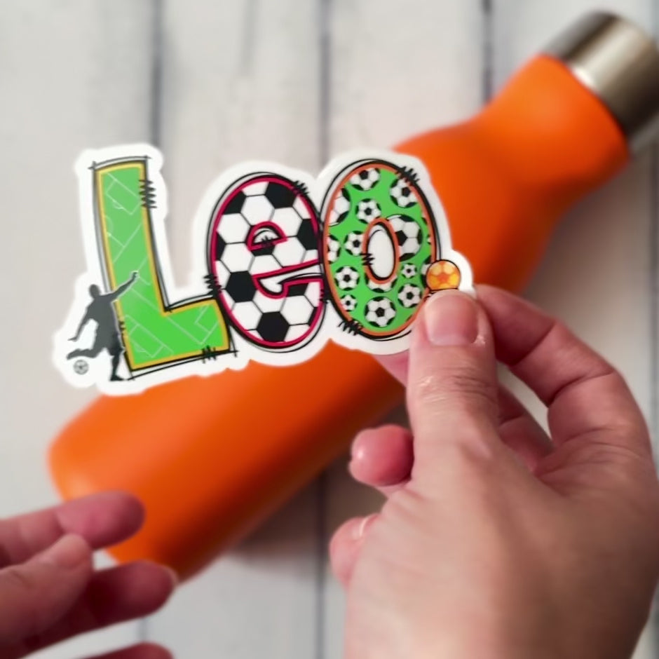 Football Name Sticker personalised, sport Name Label customised for drinks bottle.  Video showing application