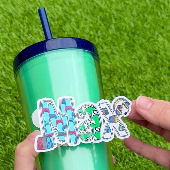 Gamer Name Stickers - Computer Game Geek Video Games Waterproof  Photo Album Name Labels Personalised Decals on water drink bottle.  Xbox, PlayStation and Nintendo Switch 2 theme