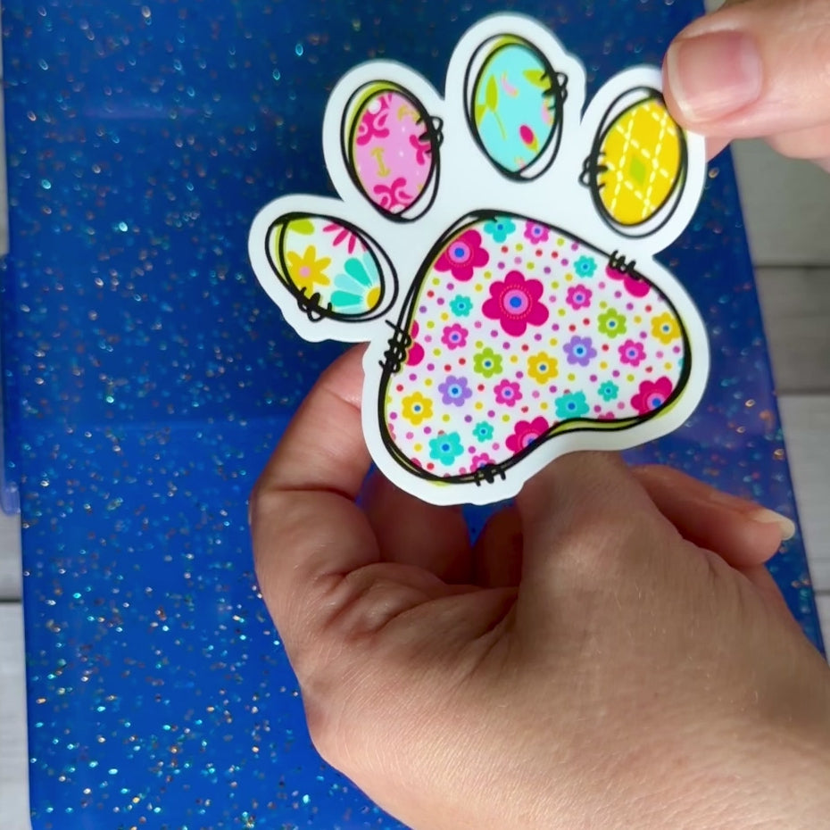 Floral Paw Print - Cat, Dog - Waterproof Vinyl Sticker