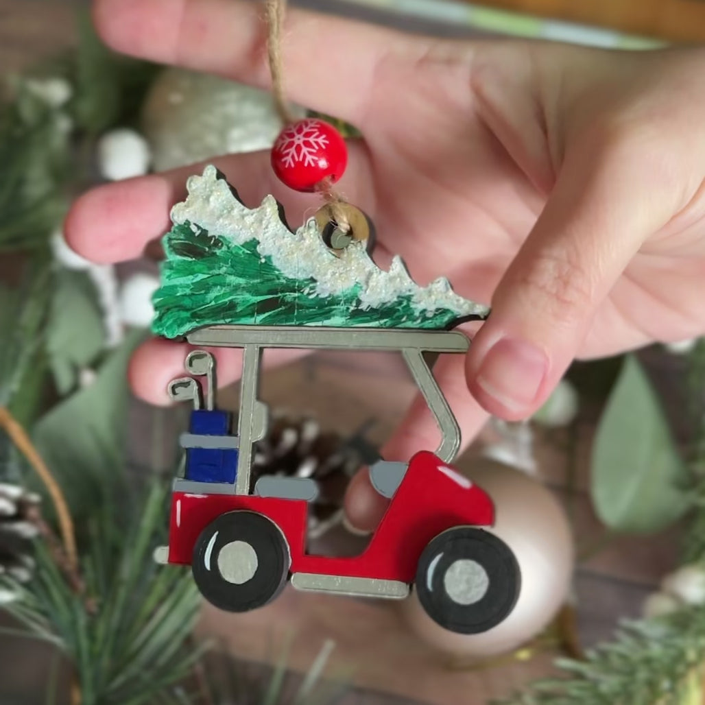 Golf Cart Christmas Wooden Handmade Tree Decoration 3D effect shown in hand