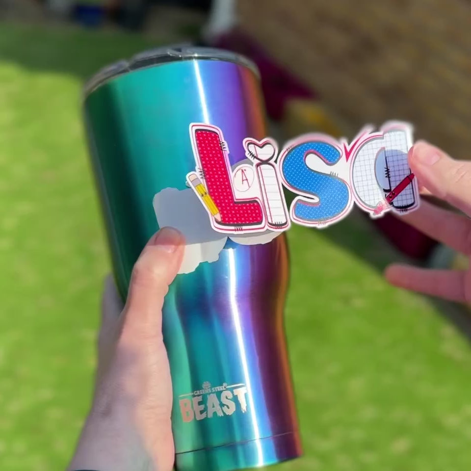 Teacher personalised name sticker applied to a drink bottle