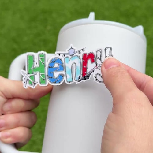 Aeroplane Airplane themed Name Sticker applied to water drink bottle