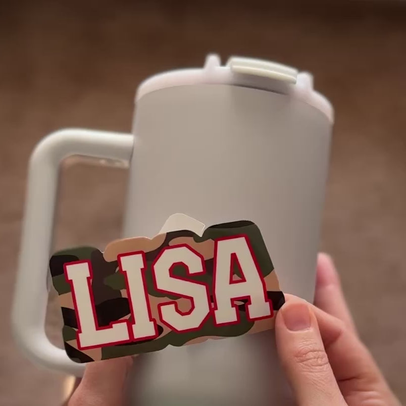 Camouflage personalised name sticker applied to a drink bottle