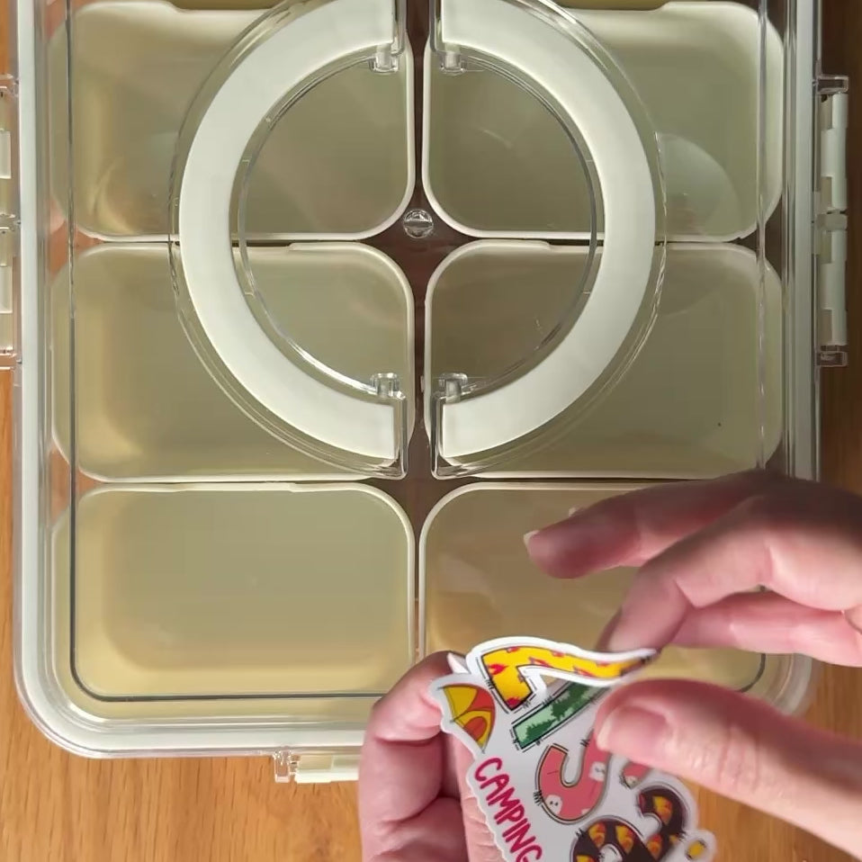 Camping Snack Box Personalised Name Sticker applied to holiday snack box