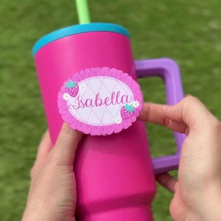 Coquette Strawberry Name Personalised Waterproof Vinyl Sticker applied to a water bottle