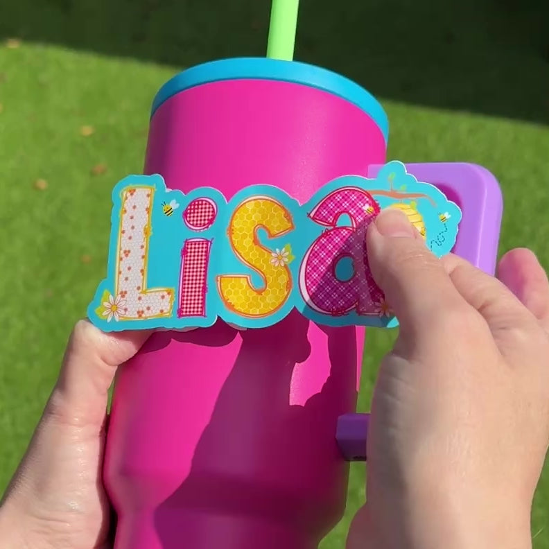 Summer Bees Picnic Personalised Name Waterproof Vinyl Sticker applied to water drink bottle